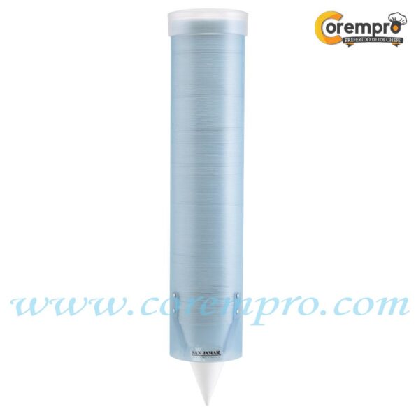 san-jamar-c3165fbl-pull-type-frosted-blue-4-10-oz-flat-and-cone-cup-dispenser-16-long