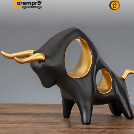 Escultura de Toro Moderno en Poliresina Negro y Oro